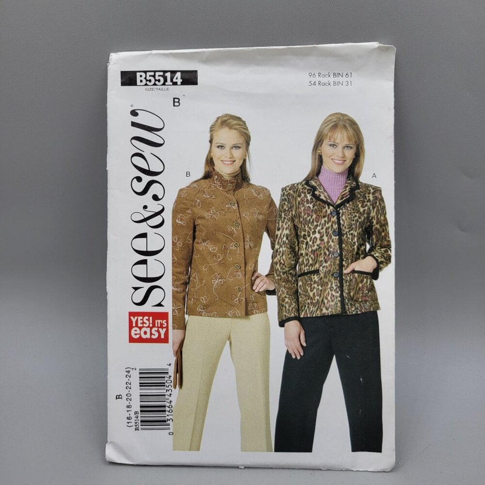 Butterick Misses Jacket B5514 See & Sew Pattern Sizes 16-24 Uncut
